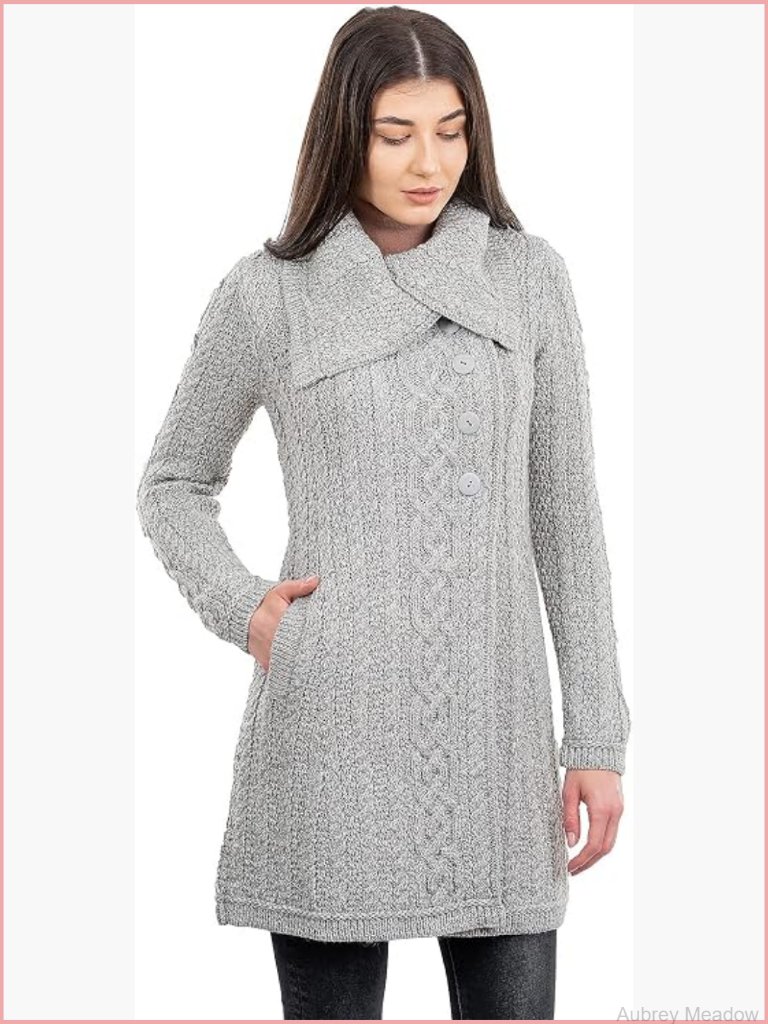 Soft Merino Blend Irish Cardigan Sweater With Side Pockets And Oversized Collar